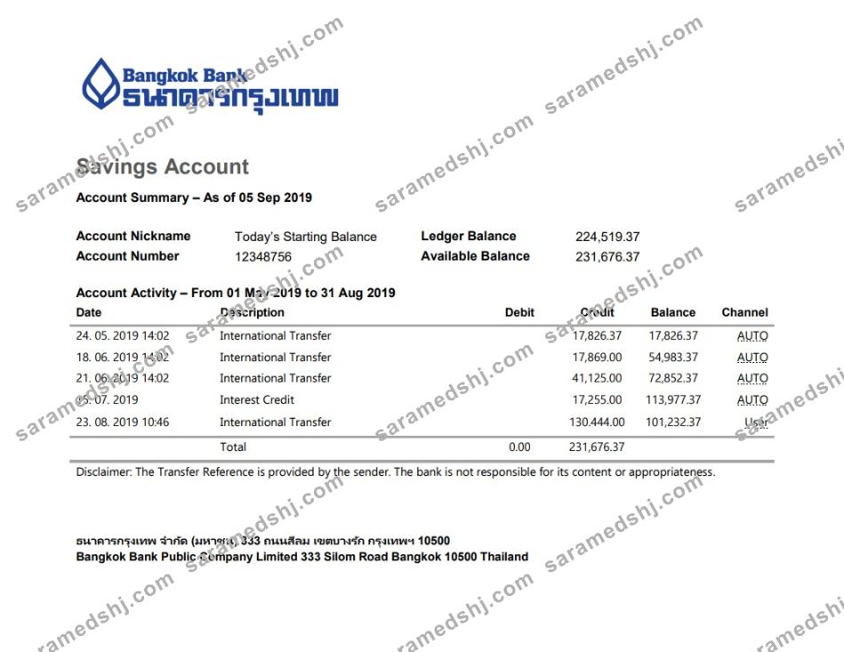 Thailand Bangkok Bank Savings Account statement template in Word and PDF format